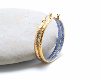 Mediterranean Tile Golden Hoops, Greece Style, Portugal Blue Tile, Dainty Floral Jewelry, Portuguese Women Gift, Stainless Steel 38mm|1,50"