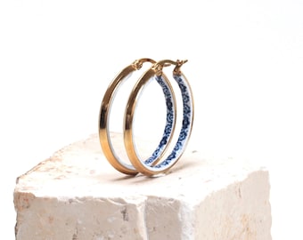 Golden Hoops, Portuguese Jewelry, Portugal Flower Blue Tile, Stainless Steel, Anniversary Gifts for Women