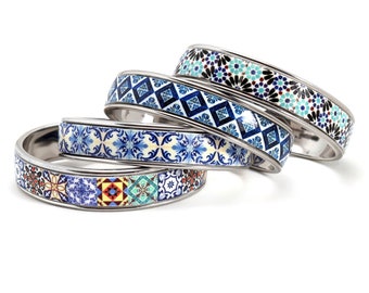 Pulsera de azulejos portugueses, pulsera de latón de puño, pulsera de brazalete de colores, regalos de aniversario para mujeres