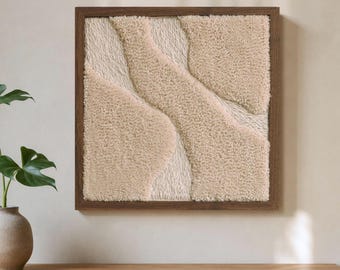 Texture Abstract Wall Art, Tufted Wool Japandi Tapestry, Scandinavian Home Decor, Wooden Frame 32x32cm