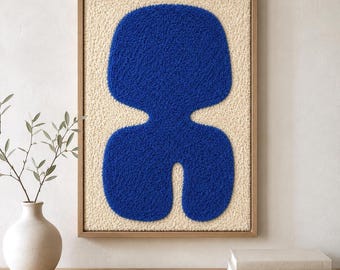 Tapiz abstracto de lana azul, decoración escandinava, tapiz de pared con mechones, obra de arte textil, arte textil contemporáneo, pieza minimalista enmarcada.