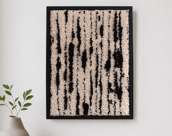 Modern Minimalist Black and Cream Tufted Wall Art, Wool Textile, Fiber Tapestry, Scandinavian Abstract Home Decor, 33x42 cm Framed