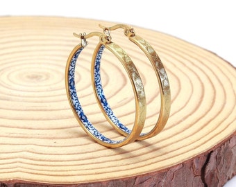 Golden hoops, portuguese tile jewelry, delicate flower earrings, stainless steel, anniversary gifts for women