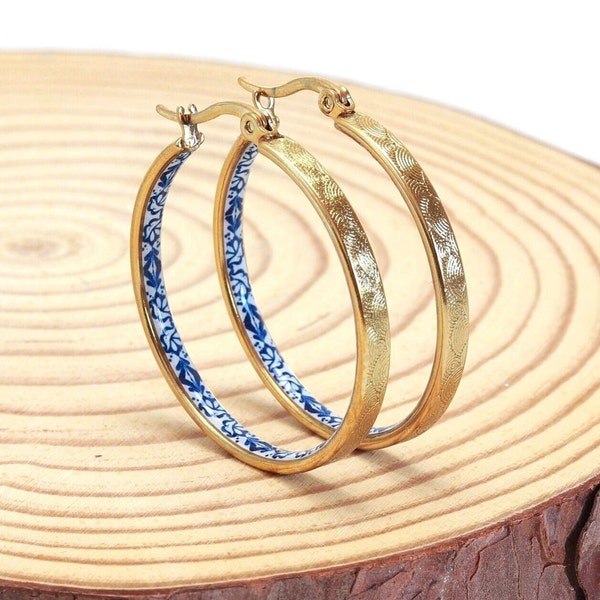 Golden Hoops, Portuguese Tile Jewelry, Delicate Flower Earrings, Anniversary Gifts for Women, Stainless Steel 35mm|1,38"