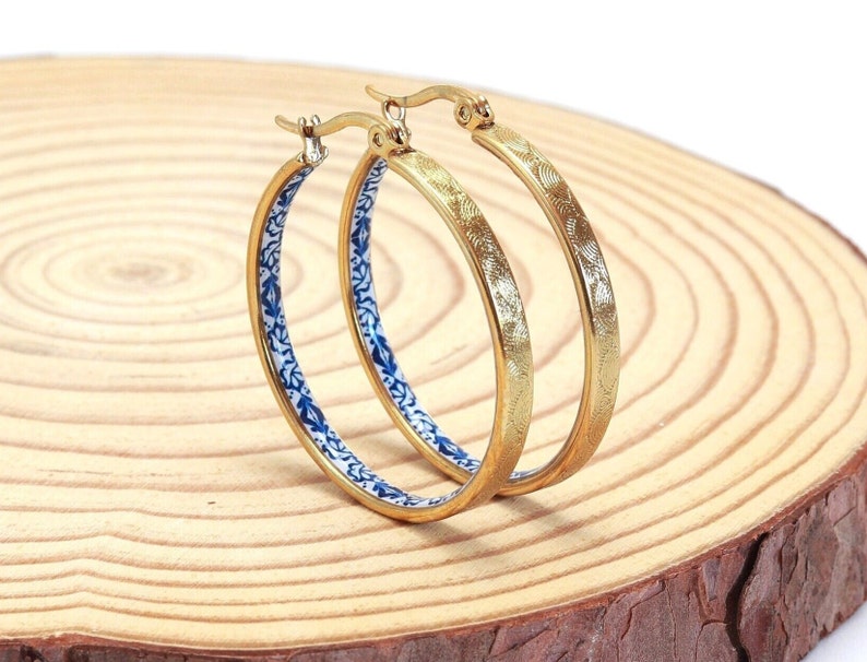 Golden hoops, portuguese tile jewelry, delicate flower earrings, stainless steel, anniversary gifts for women image 1