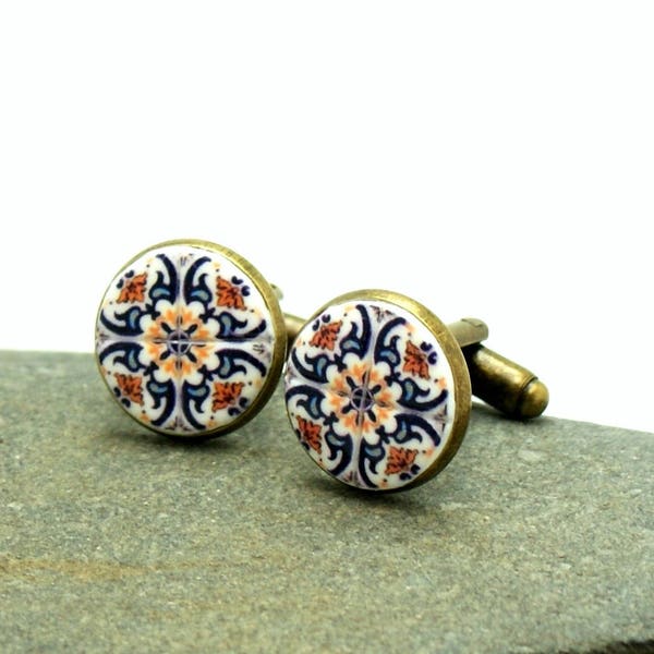 Boutons de manchette en céramique portugaise, boutons de manchette en tuile, azulejos, bijoux pour hommes, cadeau d'anniversaire pour lui