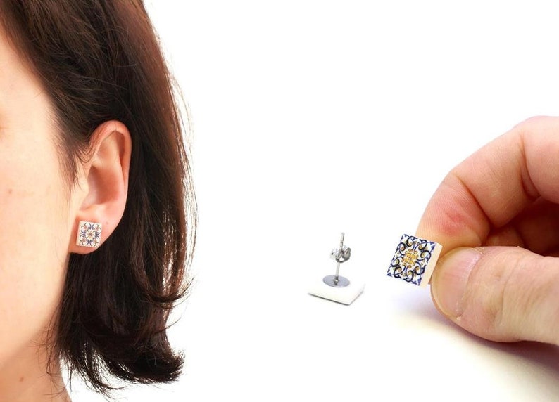anniversary gifts for women Square stud earrings portuguese blue tile earrings casual ceramic earrings