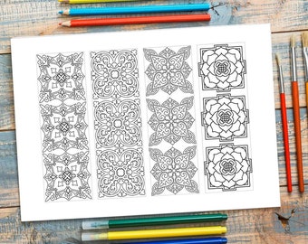 4 Coloring Mosaic Tile bookmark, Instant Download, azulejo, adult coloring pages, quarantine activitie for relax