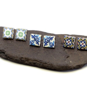 Colorful small earrings, portuguese tile jewelry, nickel free, anniversary gifts for women