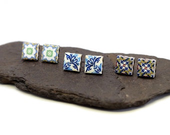 Colorful small earrings, portuguese tile jewelry, nickel free, anniversary gifts for women