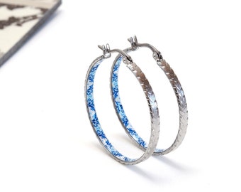 Blue Flower Hoops Portugal Tile Hoop Earrings Portuguese Wife Gift Stainless Steel Azulejo Anniversary Mom Gift