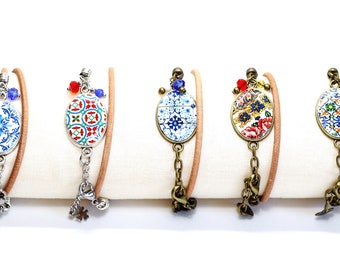 Portuguese tile bracelet, colorful leather bracelet, adjustable bracelet, anniversary gifts for women