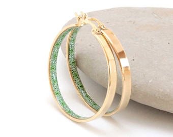 Portugal Green Tile Hoop Earrings, Golden Hoops, Anniversary Gift for Women, Engagement Earrings for Her, Stainless Steel 40mm|1,57"