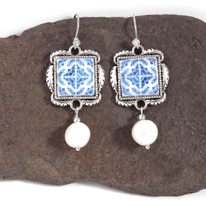 Portugal Frau Geschenk Blaue Fliesen Ohrringe Vintage Natürliche Perlen Ohrringe Zierliche Zirkonia Prom Schmuck Braut Ohrringe