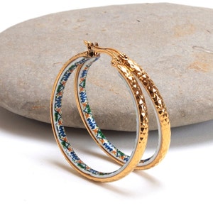 Goldene Creolen, Fliesen Schmuck, bunte Lissabon Azulejo, elegante runde Ohrringe, Jahrestag Frauen Geschenk, Edelstahl 38 mm|1,50"