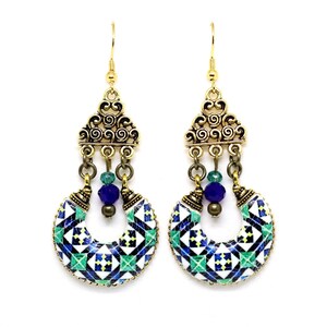 Chandelier blue earrings, portuguese jewelry tile, statement earrings, anniversary gifts for women