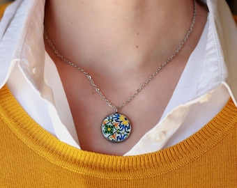 Colorful portuguese tile necklace, short stainless steel necklace, anniversary gifts for women