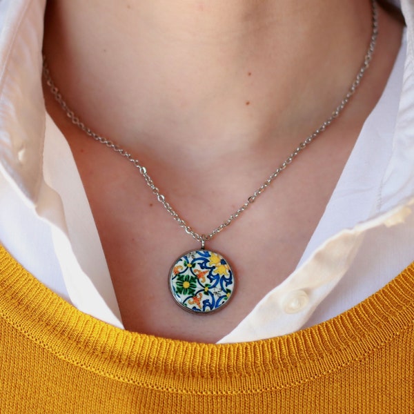 Colorful portuguese tile necklace, short stainless steel necklace, anniversary gifts for women