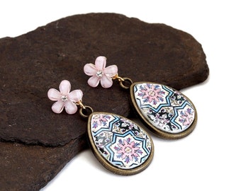 Teardrop pink flower earrings, Portugal tiles, azulejo, brass and Rhinestone, Bohemian earrings, Christmas gifts for her