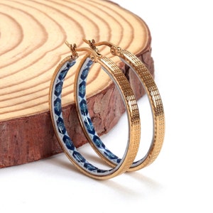 Golden Hoop Earrings, Portuguese Tile Jewelry, Stainless Steel, Elegant Round Earrings, Portugal Gifts for Women