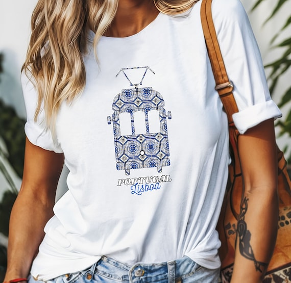 Portugal Lisbon Tram T-shirt Portuguese Vacation Lisbon Travel Tee Blue Azulejo Tile Shirt Gift Portugal Mom Dad Gift Unisex T-shirt