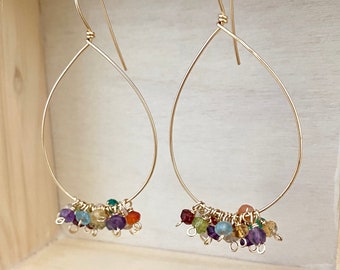 Rainbow Gemstone Hoop Earrings: 14k Gold Filled Confetti Drops
