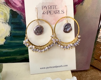 Hammered Brass Hoop Earrings: Freshwater Pearl & Beaded Fringe