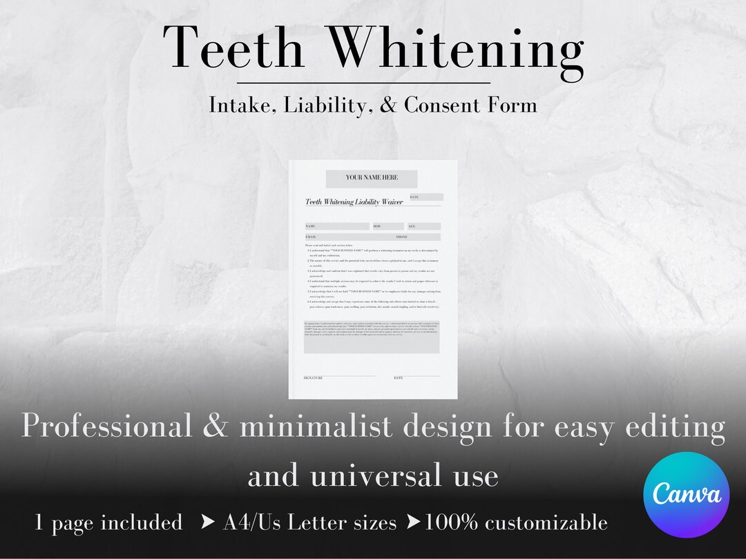 Teeth Whitening Consent Form Teeth Whitening Liability Waiver Teeth Whitening Client Intake Form