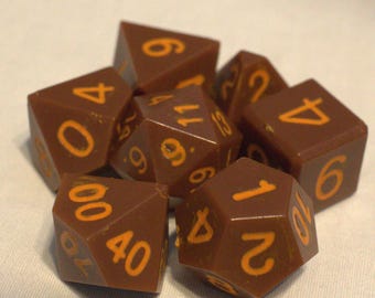 Mud Brown - Perfect Plastic™ Standard Polyhedral Dice Set - Raw - Hand Waxed - Apricot
