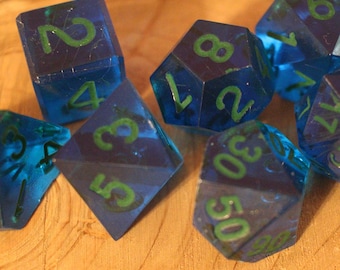 Paradise Blue - Perfect Plastic™ Standard Polyhedral Dice Set - Raw - Hand Waxed - Green