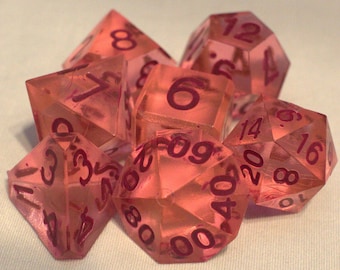 Soft Petal Pink - Perfect Plastic™ Standard Polyhedral Dice Set - Raw - Hand Waxed - Maroon