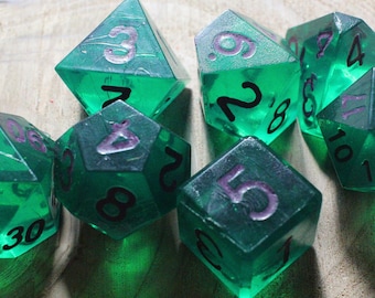 Gelatinous Green Violet Polyhedral Dice Set - Hand Waxed