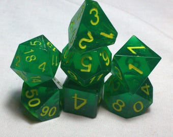 Gelatinous Green - Perfect Plastic™ Standard Polyhedral Dice Set - Raw - Hand Waxed - Yellow