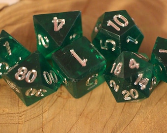 Green Silver Hand-Inked Dice Set – 7 Piece Polyhedral, Prototype