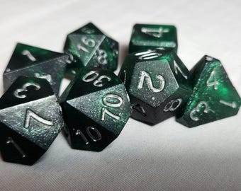 Space Dust Green - Perfect Plastic™ Celestial Polyhedral Dice Set - Hand Inked Silver Limited Edtion Prototype 1 of 1