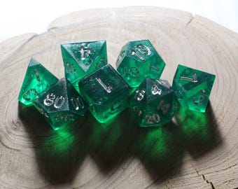 Gelatinous Silver Green - Hand Inked Silver - 1 of 1 Prototype Perfect Plastic™ Standard Polyhedral Dice Set