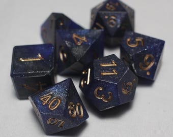 Deep Space Blue - (You Pick) - Polished and Hand Inked - GOLD - SILVER - COPPER - Perfect Plastic™ Celestial Polyhedral Dice Set