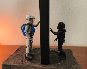 2 / 10 Limited 1 - 4 - 9 11" Slate Monolith with Stained Hickory Carved Base and Figures Set Art Piece