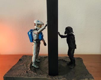 3 / 10 Limited 1 - 4 - 9 11" Slate Monolith with Stained Hickory Carved Base and Figures Set Art Piece