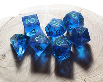 Paradise Blue - Perfect Plastic™ Standard Polyhedral Dice Set - Raw - Hand Waxed - Green