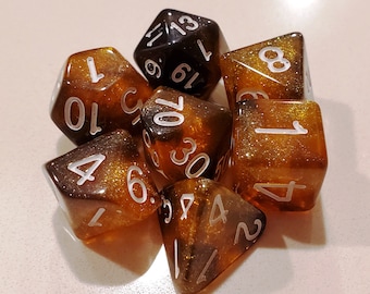 Perfect Plastic™ Celestial Polyhedral Dice Set - Cosmic Amber - Polished