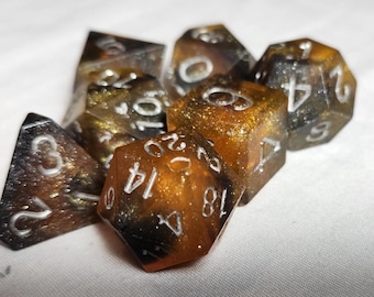 Galactic Amber - Perfect Plastic™ Celestial Polyhedral Dice Set - Hand Inked Silver Limited Edtion Prototype 1 of 1