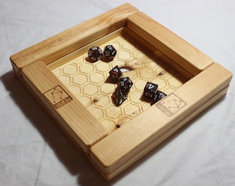 Pine Dice Tray: Engraved Rolling Surface & Storage System