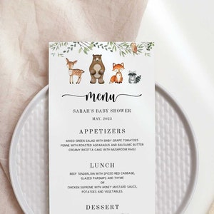 Modèle de menu Woodland Baby Shower, Carte de menu Forest Animals imprimable, Décorations woodland Party - WD2