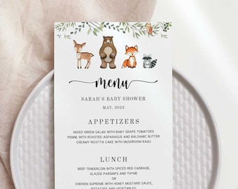 Woodland Baby Shower Menu Template, Forest Animals Menu Card Printable, Woodland Party Decorations - WD2