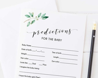 Tarjetas de predicción de bebé EDITABLEs, Plantilla de predicciones de bebé, Predicciones de Baby Shower de Greenery, Juegos de Baby Shower, Descarga instantánea - GN1