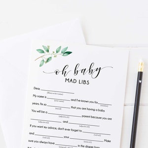 Baby Shower Mad Libs, Editable Baby Shower Game, Baby Mad Libs, Madlibs Baby Game, Greenery Baby Shower, Instant Download GN1 image 1