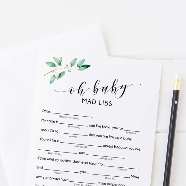 Baby Shower Mad Libs, Editable Baby Shower Game, Baby Mad Libs, Madlibs Baby Game, Greenery Baby Shower, Instant Download - GN1