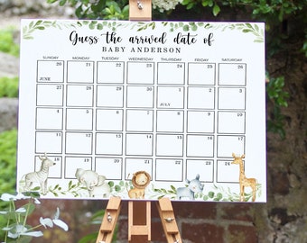 Safari Baby Due Date Calendar Game, Jungle Baby Shower Game Sign, Guess the Birthday,  Calendar, Editable Template - FB4