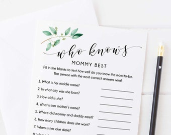 Who Knows Mommy Best | Editable Baby Shower Game | Instant Download | Eucalyptus Greenery Baby Shower Game Template | GN1